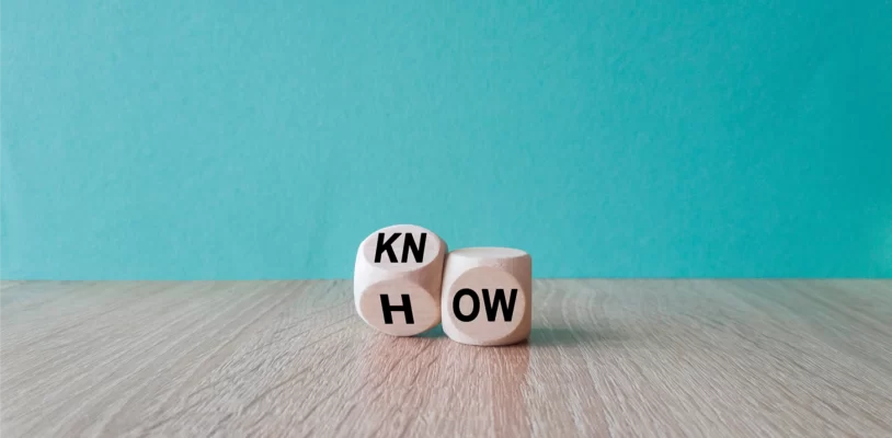 A pair of dice which show the words "Know How"